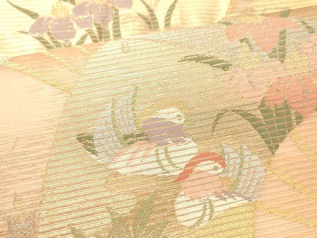 平和屋着物＊夏物 六通柄袋帯 扇面鴛鴦杜若 金銀糸 正絹 逸品 DABC8806cm