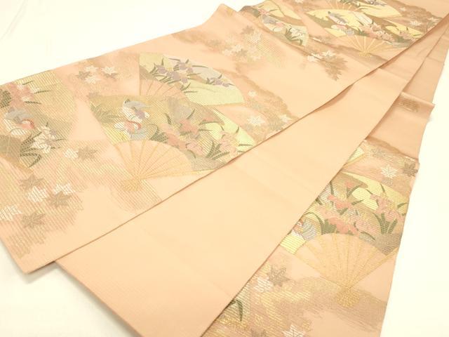 平和屋着物＊夏物 六通柄袋帯 扇面鴛鴦杜若 金銀糸 正絹 逸品 DABC8806cm