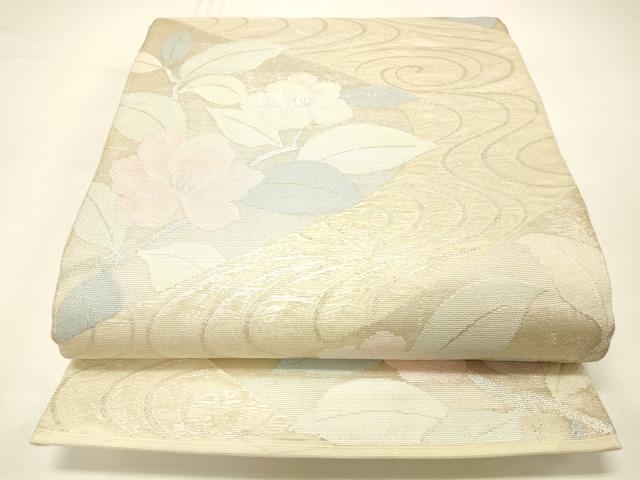 平和屋着物＊夏物 六通柄袋帯 流水籬草花文 銀糸 正絹 逸品 DABC8811cm