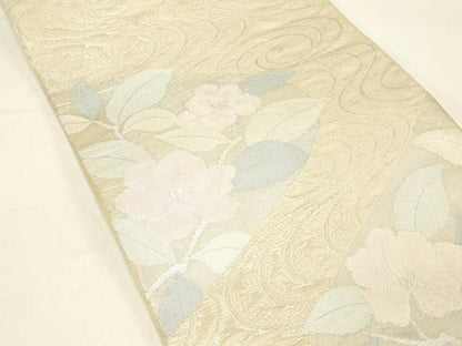 平和屋着物＊夏物 六通柄袋帯 流水籬草花文 銀糸 正絹 逸品 DABC8811cm