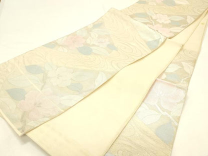 平和屋着物＊夏物 六通柄袋帯 流水籬草花文 銀糸 正絹 逸品 DABC8811cm