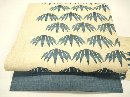平和屋着物＊夏物 九寸名古屋帯 藍 型染 笹の葉文 麻 逸品 DABC8815cm