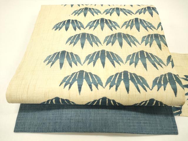 平和屋着物＊夏物 九寸名古屋帯 藍 型染 笹の葉文 麻 逸品 DABC8815cm