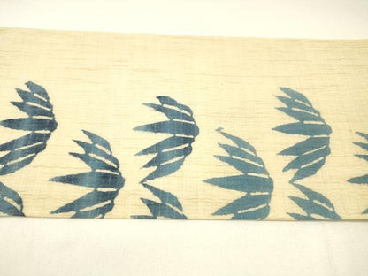 平和屋着物＊夏物 九寸名古屋帯 藍 型染 笹の葉文 麻 逸品 DABC8815cm