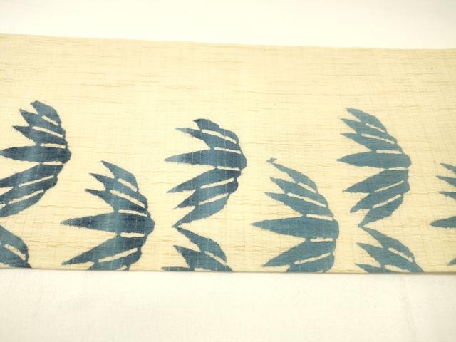 平和屋着物＊夏物 九寸名古屋帯 藍 型染 笹の葉文 麻 逸品 DABC8815cm