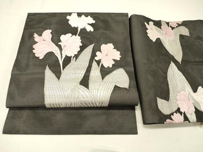 平和屋着物＊夏物 つけ帯 唐織 草花文 黒地 銀糸 正絹 逸品 DABC8821cm