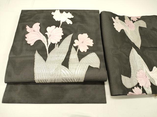 平和屋着物＊夏物 つけ帯 唐織 草花文 黒地 銀糸 正絹 逸品 DABC8821cm