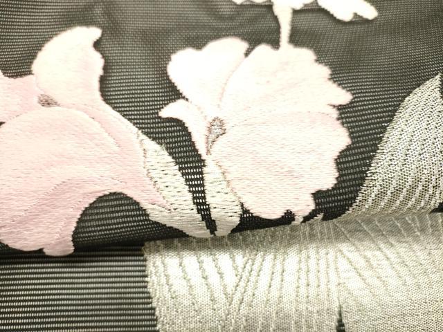 平和屋着物＊夏物 つけ帯 唐織 草花文 黒地 銀糸 正絹 逸品 DABC8821cm