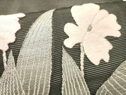 平和屋着物＊夏物 つけ帯 唐織 草花文 黒地 銀糸 正絹 逸品 DABC8821cm