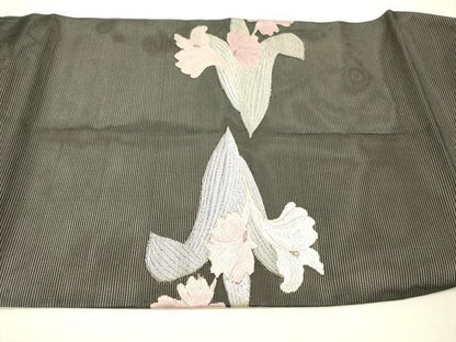 平和屋着物＊夏物 つけ帯 唐織 草花文 黒地 銀糸 正絹 逸品 DABC8821cm