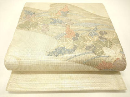 平和屋着物＊夏物 太鼓柄袋帯 流水草花文 金糸 正絹 逸品 DABC8831cm