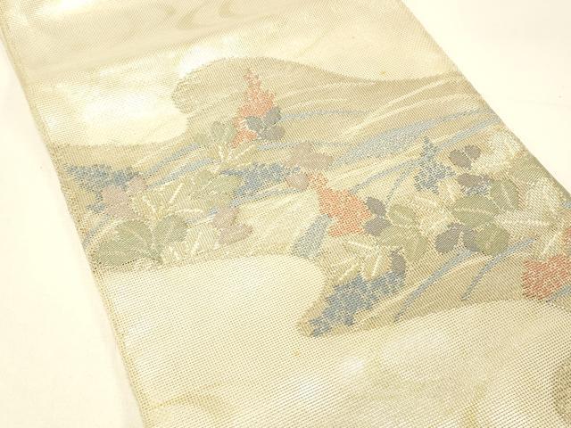 平和屋着物＊夏物 太鼓柄袋帯 流水草花文 金糸 正絹 逸品 DABC8831cm