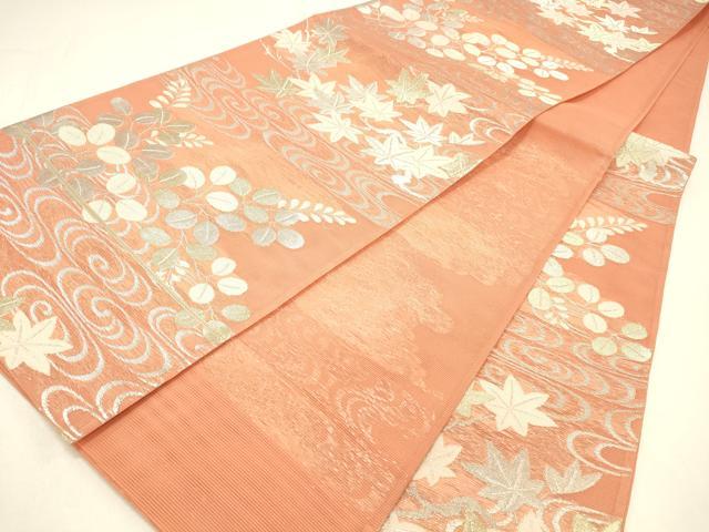 平和屋着物＊夏物 六通柄袋帯 流水草葉文 金銀糸 正絹 逸品 DABC8833cm