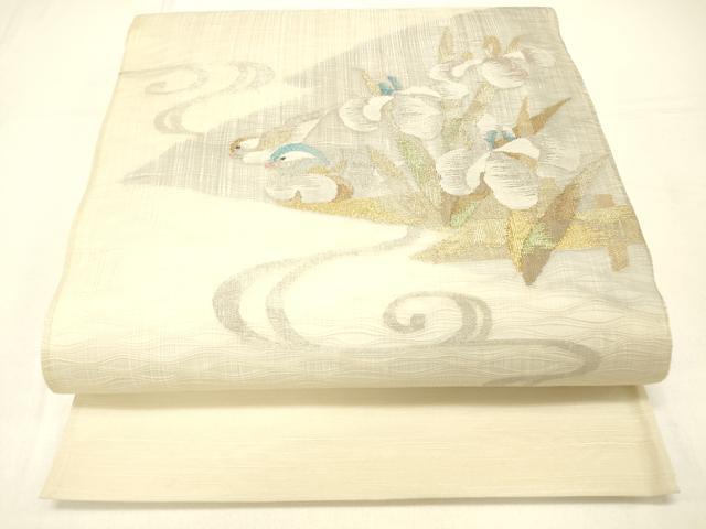 平和屋着物＊夏物 太鼓柄袋帯 鴛鴦流水花文 金銀糸 正絹 逸品 DABC8834cm