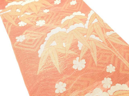 平和屋着物＊夏物 全通柄 本袋帯 笹の葉花文 金糸 正絹 逸品 DABC8839cm