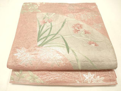 平和屋着物＊夏物 六通柄袋帯 地紙南天花文 銀糸 正絹 逸品 DABC8841cm