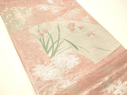 平和屋着物＊夏物 六通柄袋帯 地紙南天花文 銀糸 正絹 逸品 DABC8841cm