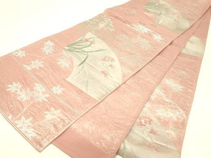 平和屋着物＊夏物 六通柄袋帯 地紙南天花文 銀糸 正絹 逸品 DABC8841cm
