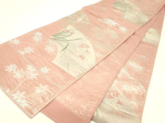 平和屋着物＊夏物 六通柄袋帯 地紙南天花文 銀糸 正絹 逸品 DABC8841cm
