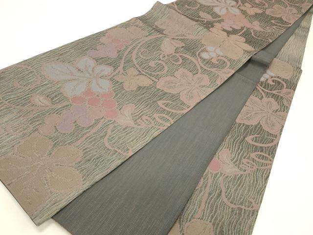 平和屋着物▽六通柄袋帯 スリーシーズン 春夏秋 葡萄蔦の葉文 金糸 正絹 逸品 DABC8843cm