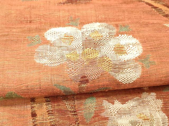 平和屋着物▽六通柄袋帯 スリーシーズン 春夏秋 更紗花唐草文 金糸 正絹 逸品 DABC8844cm