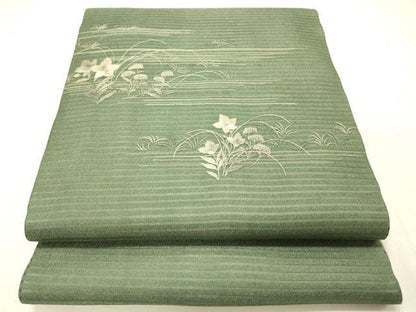 平和屋着物＊夏物 アンティーク 大正ロマン 丸帯 引き抜き帯 総刺繍 絽縮緬 草花文 銀糸 正絹 逸品 DABC8846cm