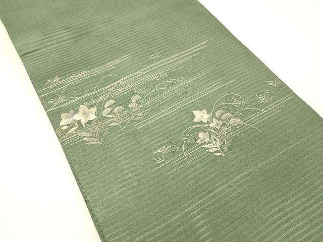平和屋着物＊夏物 アンティーク 大正ロマン 丸帯 引き抜き帯 総刺繍 絽縮緬 草花文 銀糸 正絹 逸品 DABC8846cm