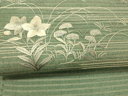 平和屋着物＊夏物 アンティーク 大正ロマン 丸帯 引き抜き帯 総刺繍 絽縮緬 草花文 銀糸 正絹 逸品 DABC8846cm