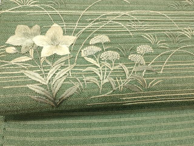 平和屋着物＊夏物 アンティーク 大正ロマン 丸帯 引き抜き帯 総刺繍 絽縮緬 草花文 銀糸 正絹 逸品 DABC8846cm
