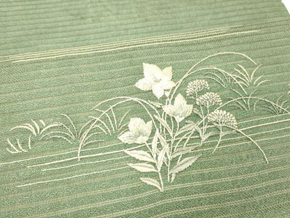 平和屋着物＊夏物 アンティーク 大正ロマン 丸帯 引き抜き帯 総刺繍 絽縮緬 草花文 銀糸 正絹 逸品 DABC8846cm