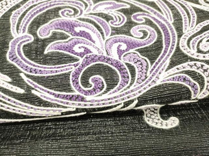 平和屋着物▽中国三大刺繍 相良刺繍 総刺繍 太鼓柄袋帯 スリーシーズン 春夏秋 更紗花唐草文 黒地 銀糸 正絹 逸品 DABC8848cm
