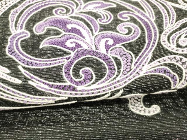 平和屋着物▽中国三大刺繍 相良刺繍 総刺繍 太鼓柄袋帯 スリーシーズン 春夏秋 更紗花唐草文 黒地 銀糸 正絹 逸品 DABC8848cm