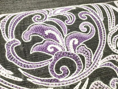 平和屋着物▽中国三大刺繍 相良刺繍 総刺繍 太鼓柄袋帯 スリーシーズン 春夏秋 更紗花唐草文 黒地 銀糸 正絹 逸品 DABC8848cm