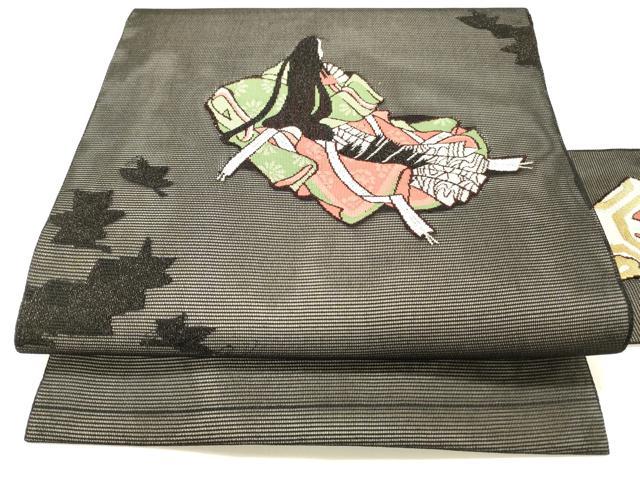 平和屋着物＊夏物 九寸名古屋帯 女人舞葉文 黒地 金糸 正絹 逸品 DABC8852cm