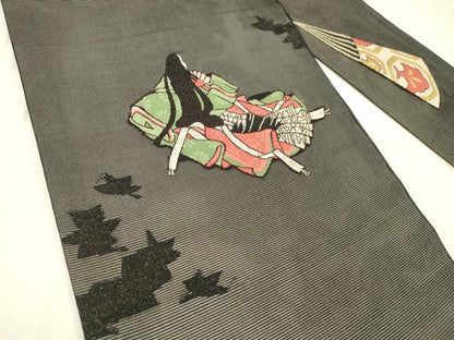 平和屋着物＊夏物 九寸名古屋帯 女人舞葉文 黒地 金糸 正絹 逸品 DABC8852cm