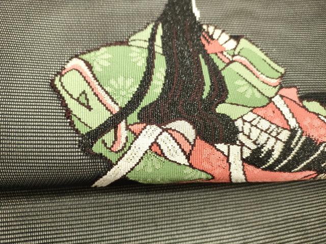 平和屋着物＊夏物 九寸名古屋帯 女人舞葉文 黒地 金糸 正絹 逸品 DABC8852cm