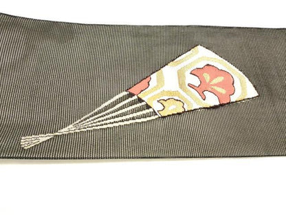 平和屋着物＊夏物 九寸名古屋帯 女人舞葉文 黒地 金糸 正絹 逸品 DABC8852cm