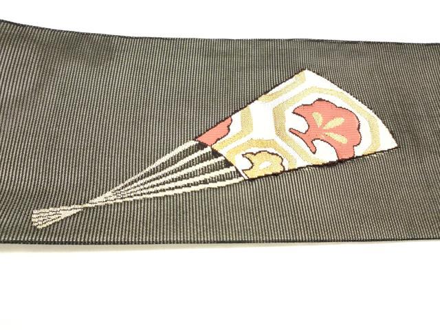 平和屋着物＊夏物 九寸名古屋帯 女人舞葉文 黒地 金糸 正絹 逸品 DABC8852cm