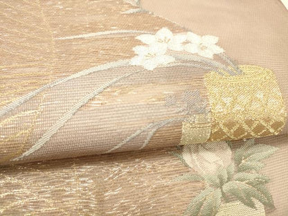 平和屋着物＊夏物 六通柄袋帯 流水飾花文 金糸 正絹 逸品 DABC8857cm