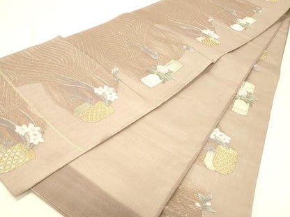 平和屋着物＊夏物 六通柄袋帯 流水飾花文 金糸 正絹 逸品 DABC8857cm