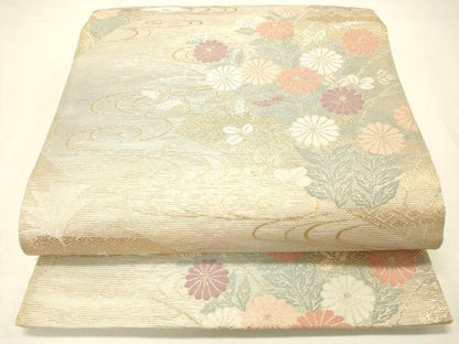 平和屋着物＊夏物 六通柄袋帯 流水草花文 金糸 正絹 逸品 DABC8859cm