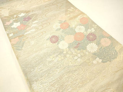 平和屋着物＊夏物 六通柄袋帯 流水草花文 金糸 正絹 逸品 DABC8859cm