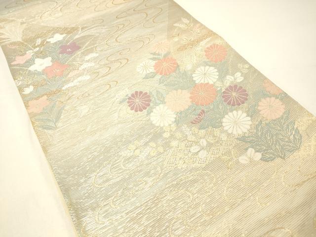平和屋着物＊夏物 六通柄袋帯 流水草花文 金糸 正絹 逸品 DABC8859cm
