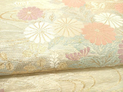 平和屋着物＊夏物 六通柄袋帯 流水草花文 金糸 正絹 逸品 DABC8859cm