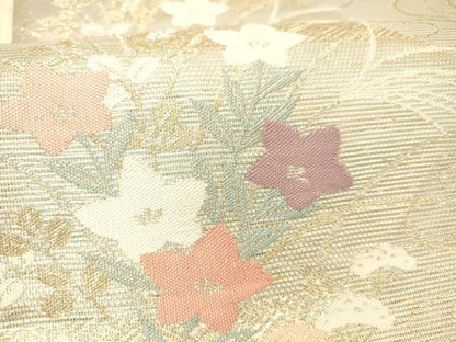 平和屋着物＊夏物 六通柄袋帯 流水草花文 金糸 正絹 逸品 DABC8859cm