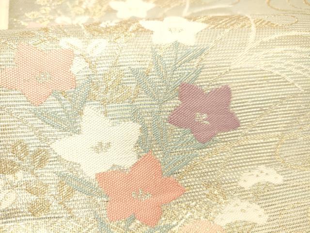 平和屋着物＊夏物 六通柄袋帯 流水草花文 金糸 正絹 逸品 DABC8859cm