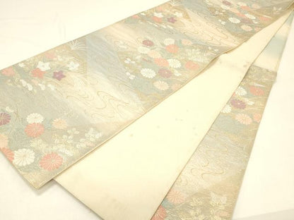 平和屋着物＊夏物 六通柄袋帯 流水草花文 金糸 正絹 逸品 DABC8859cm