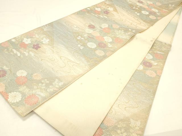 平和屋着物＊夏物 六通柄袋帯 流水草花文 金糸 正絹 逸品 DABC8859cm