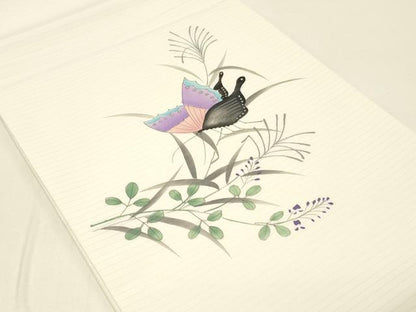 平和屋着物＊夏物 九寸開き名古屋帯 手描き 舞蝶草葉文 DABC8866cm
