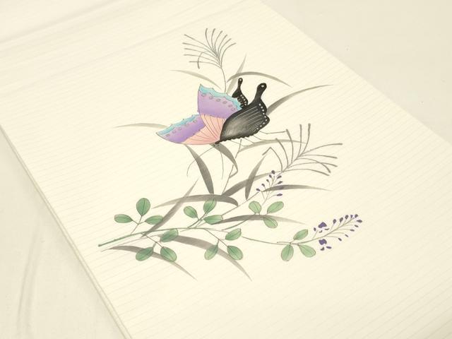 平和屋着物＊夏物 九寸開き名古屋帯 手描き 舞蝶草葉文 DABC8866cm
